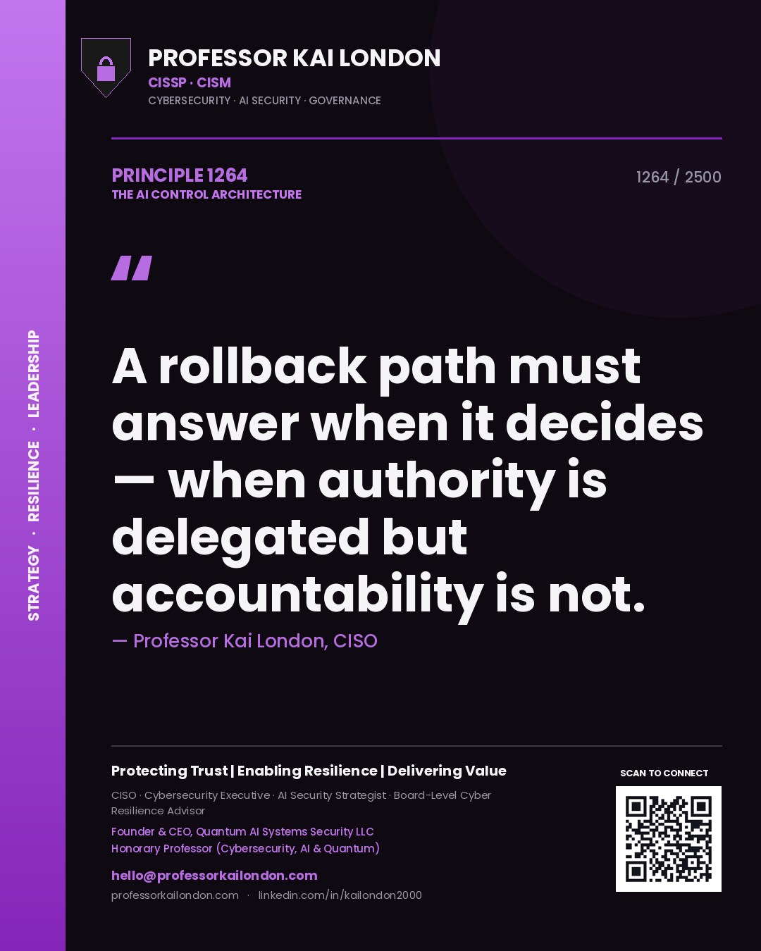 Professor Kai London principle 1264: A rollback path must answer when it decides — when authority is delegated but accountability is not.