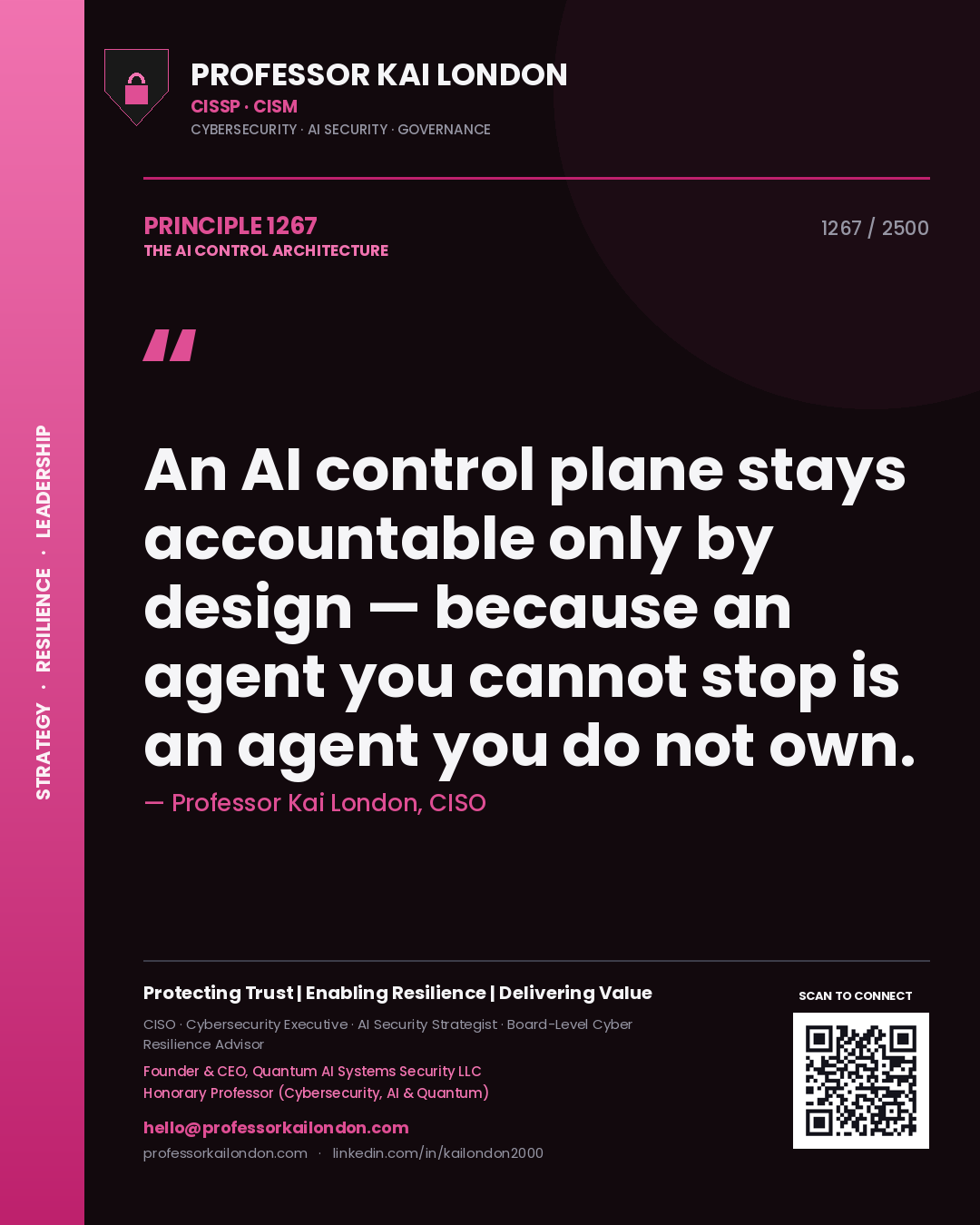 Professor Kai London principle 1267: An AI control plane stays accountable only by design — because an agent you cannot stop is an agent you do not own.