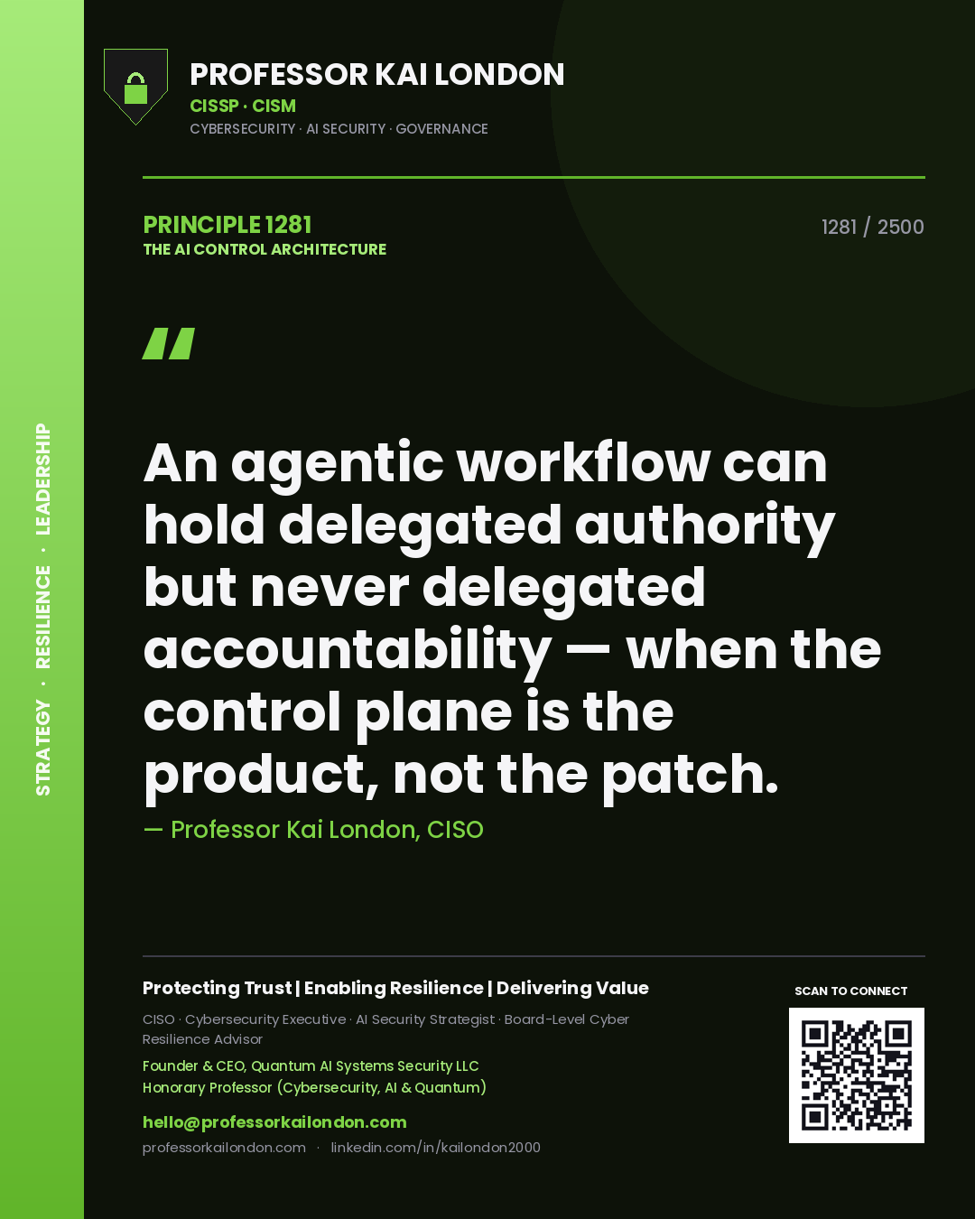 Professor Kai London principle 1281: An agentic workflow can hold delegated authority but never delegated accountability — when the control plane is the product, not the patch.