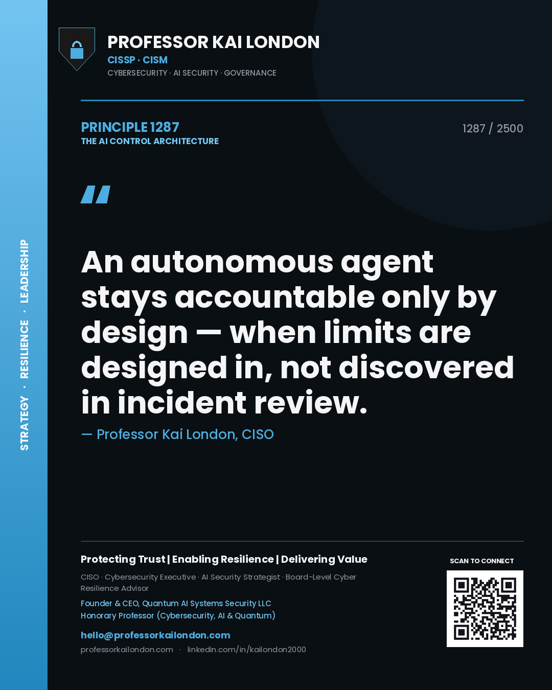Quote card by Professor Kai London reading 'An autonomous agent stays accountable only by design — when limits are designed in, not discovered in incident review.'. From the book The AI Control Architecture.