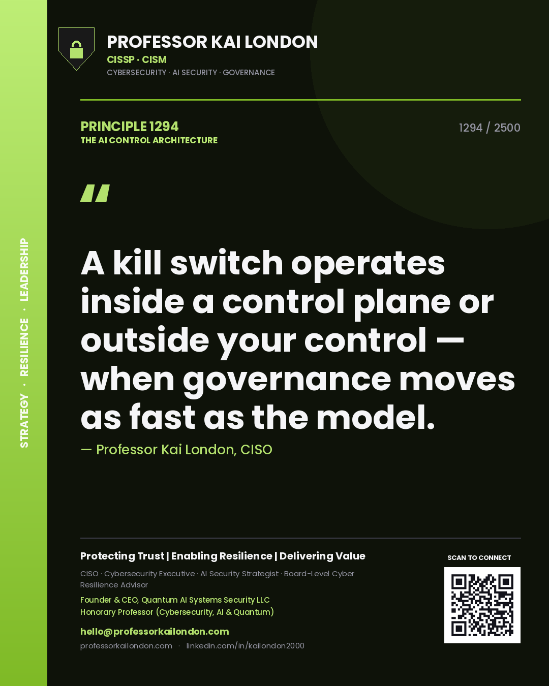Professor Kai London principle 1294: A kill switch operates inside a control plane or outside your control — when governance moves as fast as the model.
