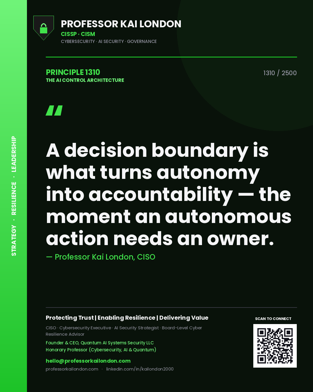 Professor Kai London principle 1310: A decision boundary is what turns autonomy into accountability — the moment an autonomous action needs an owner.