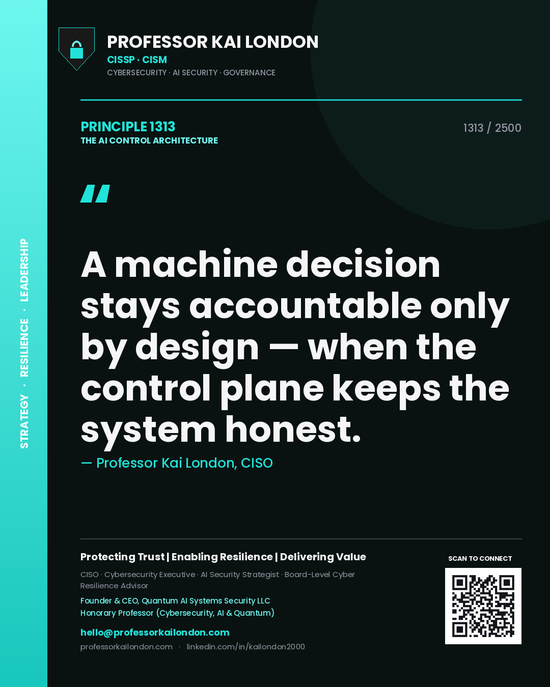 Quote card by Professor Kai London reading 'A machine decision stays accountable only by design — when the control plane keeps the system honest.'. From the book The AI Control Architecture.