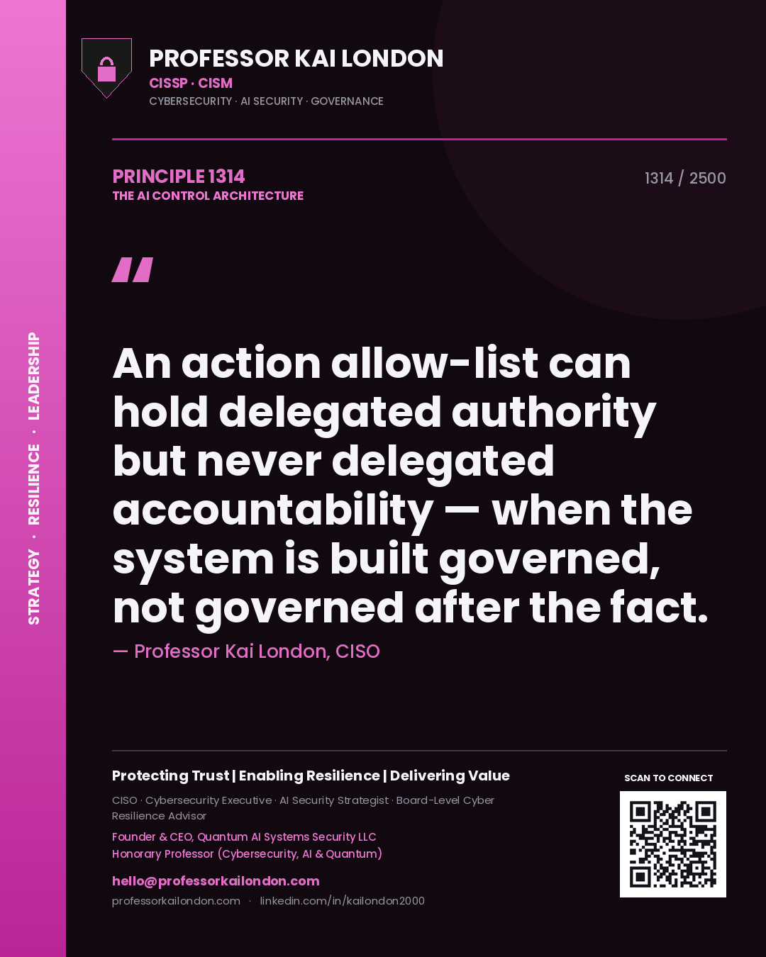 Professor Kai London principle 1314: An action allow-list can hold delegated authority but never delegated accountability — when the system is built governed, not governed after the fact.