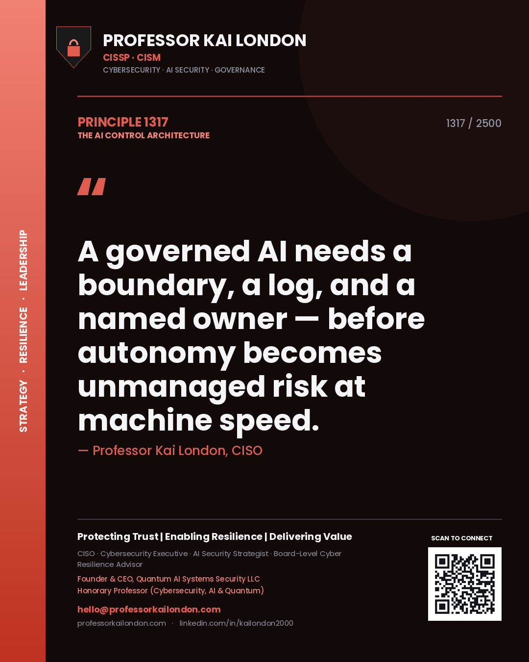 Quote card by Professor Kai London reading 'A governed AI needs a boundary, a log, and a named owner — before autonomy becomes unmanaged risk at machine speed.'. From the book The AI Control Architecture.