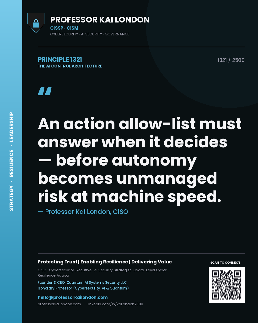Professor Kai London principle 1321: An action allow-list must answer when it decides — before autonomy becomes unmanaged risk at machine speed.