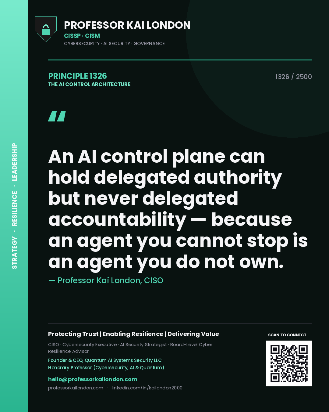Quote card by Professor Kai London reading 'An AI control plane can hold delegated authority but never delegated accountability — because an agent you cannot stop is an agent you do not own.'. From the book The AI Control Architecture.