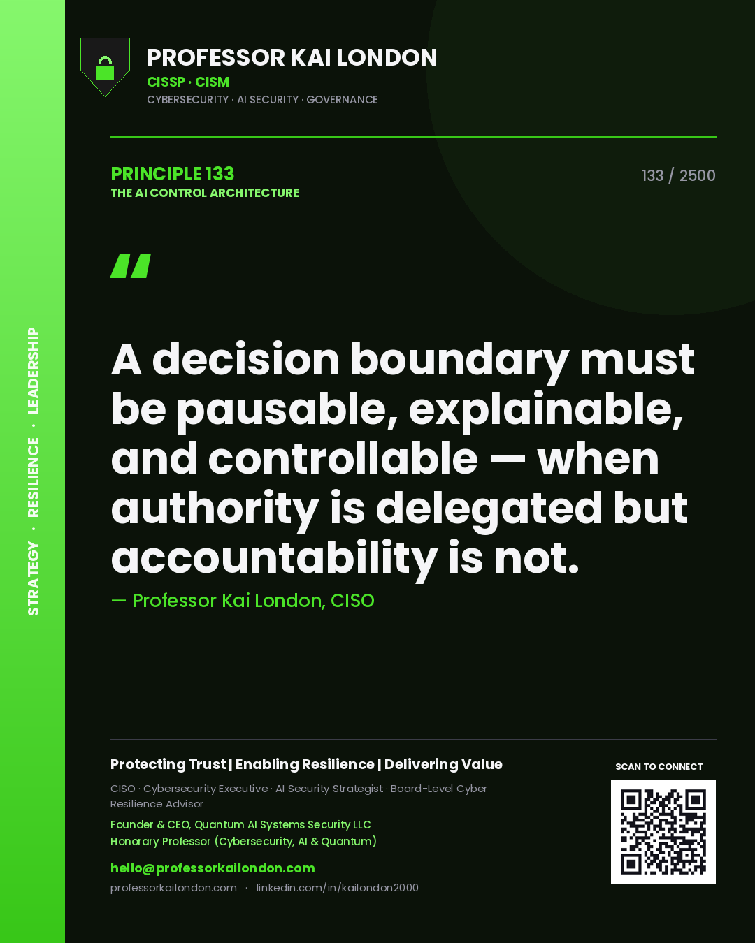 Professor Kai London principle 133: A decision boundary must be pausable, explainable, and controllable — when authority is delegated but accountability is not.