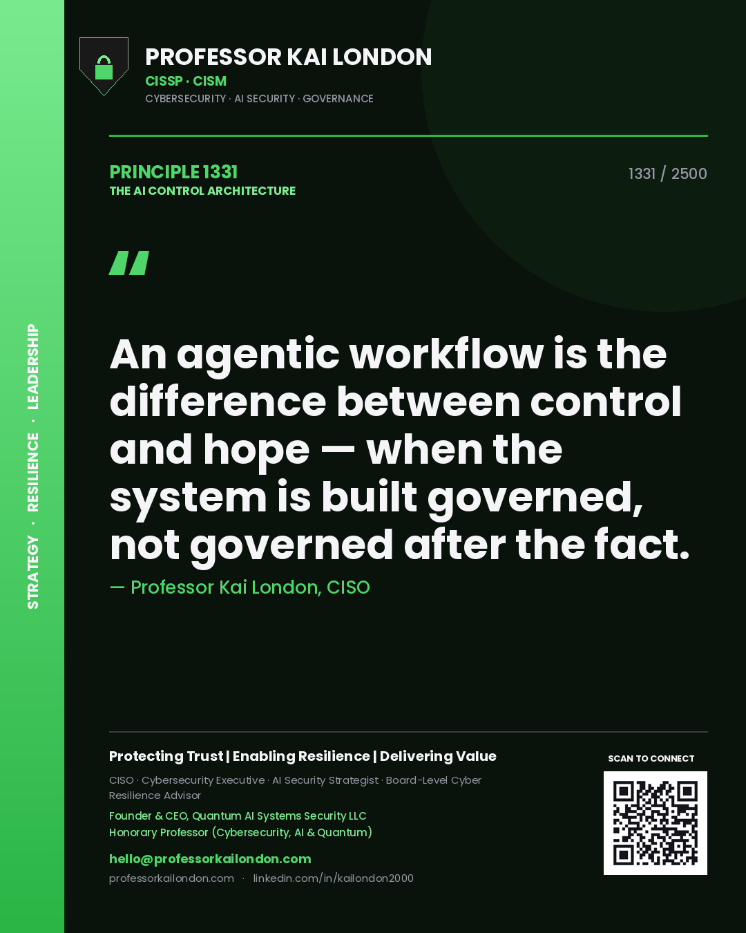 Professor Kai London principle 1331: An agentic workflow is the difference between control and hope — when the system is built governed, not governed after the fact.