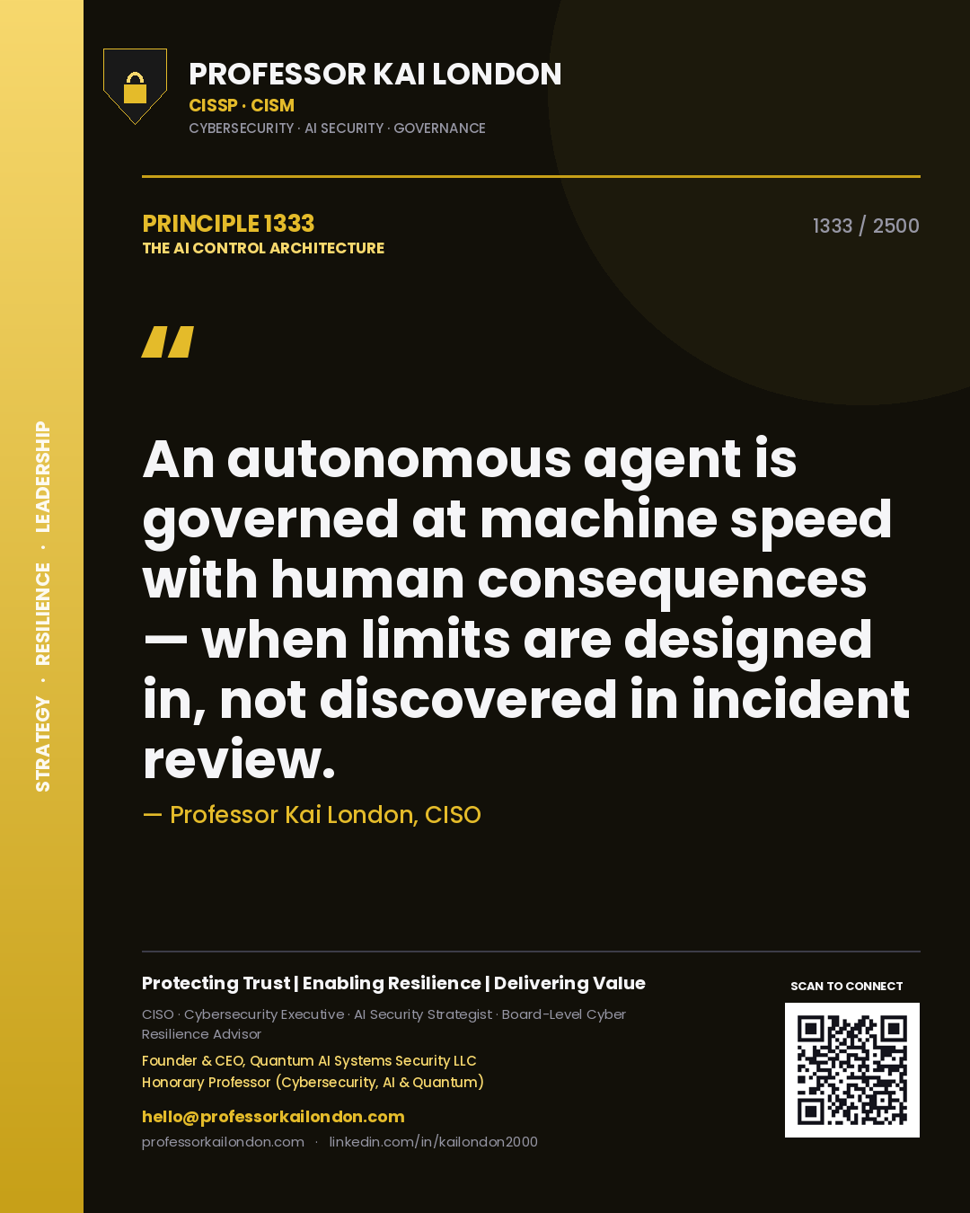 Professor Kai London principle 1333: An autonomous agent is governed at machine speed with human consequences — when limits are designed in, not discovered in incident review.