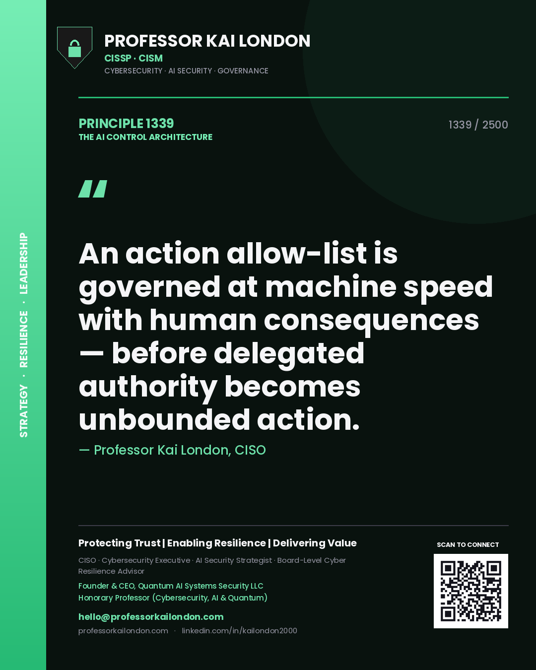 Professor Kai London principle 1339: An action allow-list is governed at machine speed with human consequences — before delegated authority becomes unbounded action.