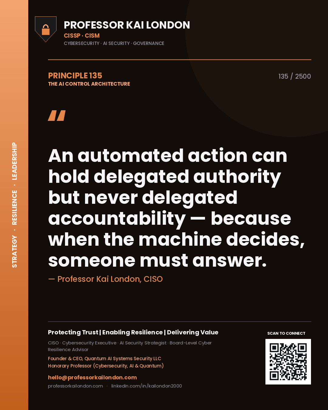 Professor Kai London principle 135: An automated action can hold delegated authority but never delegated accountability — because when the machine decides, someone must answer.