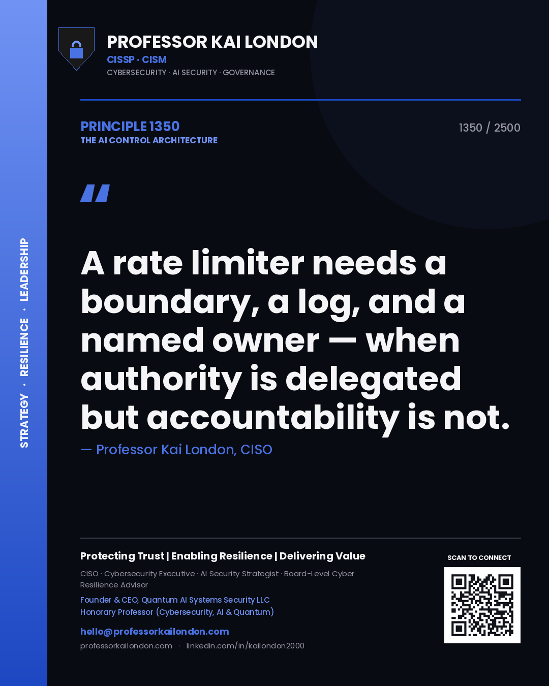 Quote card by Professor Kai London reading 'A rate limiter needs a boundary, a log, and a named owner — when authority is delegated but accountability is not.'. From the book The AI Control Architecture.