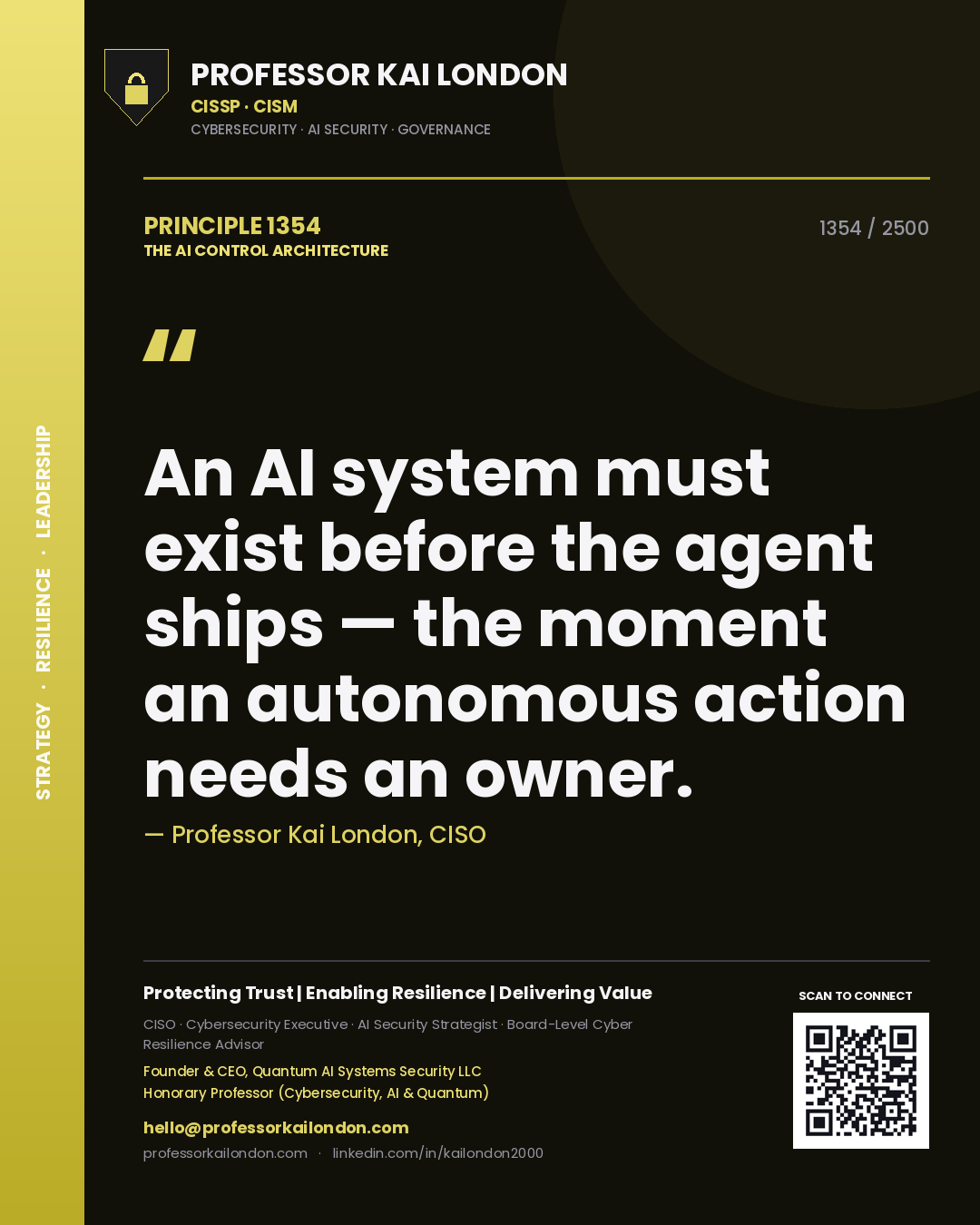 Professor Kai London principle 1354: An AI system must exist before the agent ships — the moment an autonomous action needs an owner.