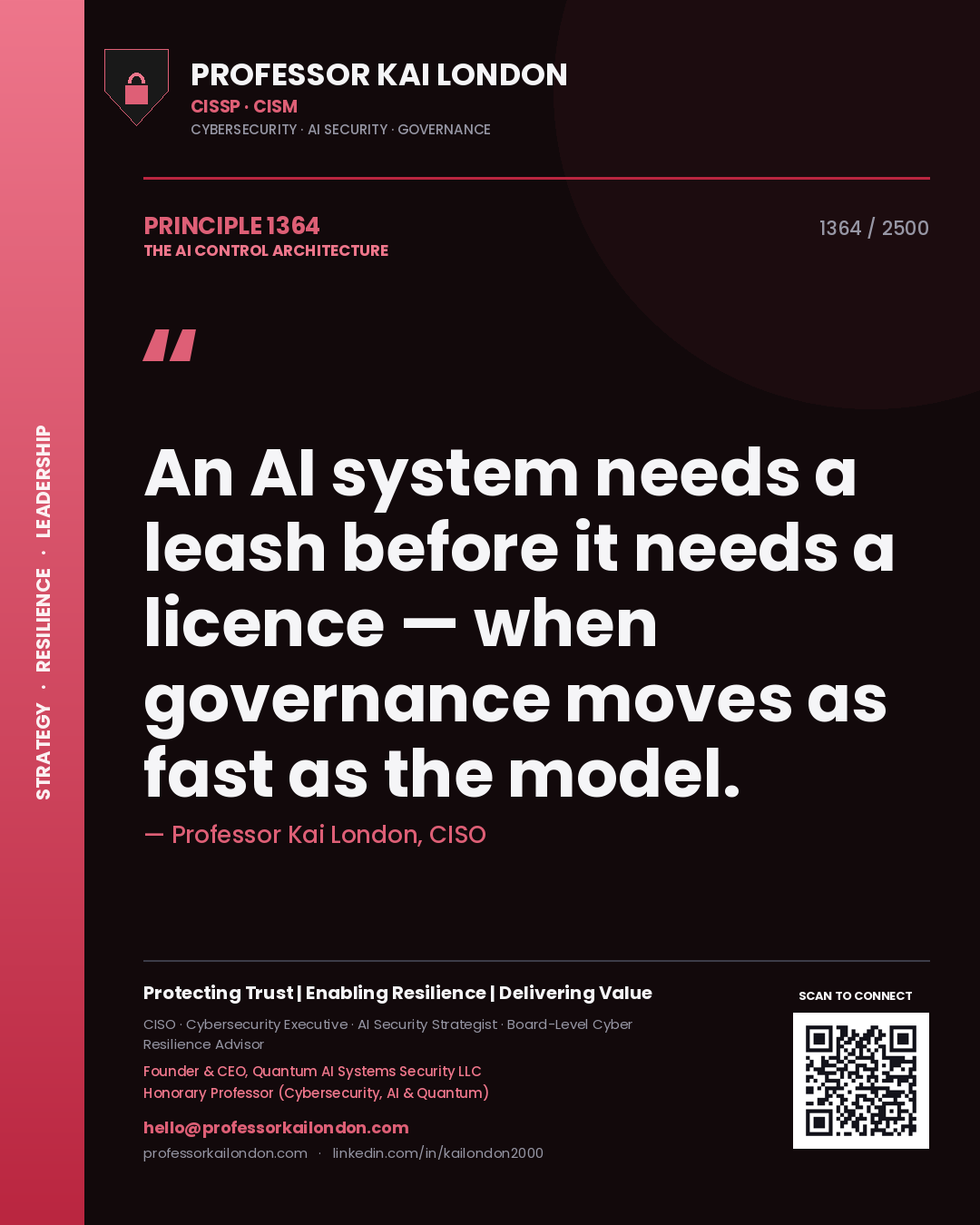Quote card by Professor Kai London reading 'An AI system needs a leash before it needs a licence — when governance moves as fast as the model.'. From the book The AI Control Architecture.