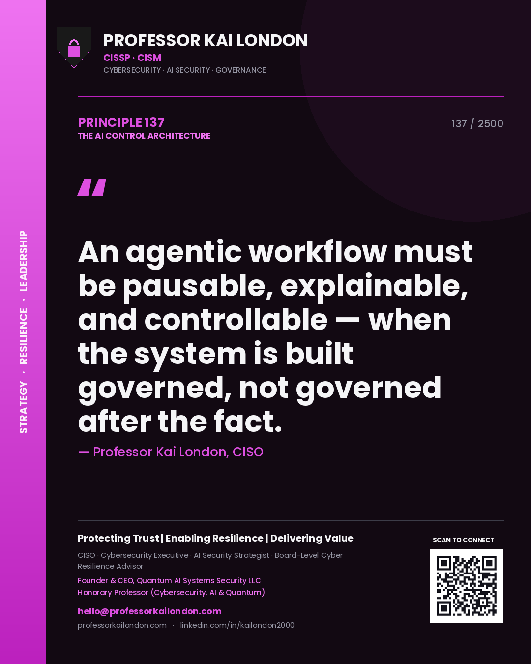 Quote card by Professor Kai London reading 'An agentic workflow must be pausable, explainable, and controllable — when the system is built governed, not governed after the fact.'. From the book The AI Control Architecture.