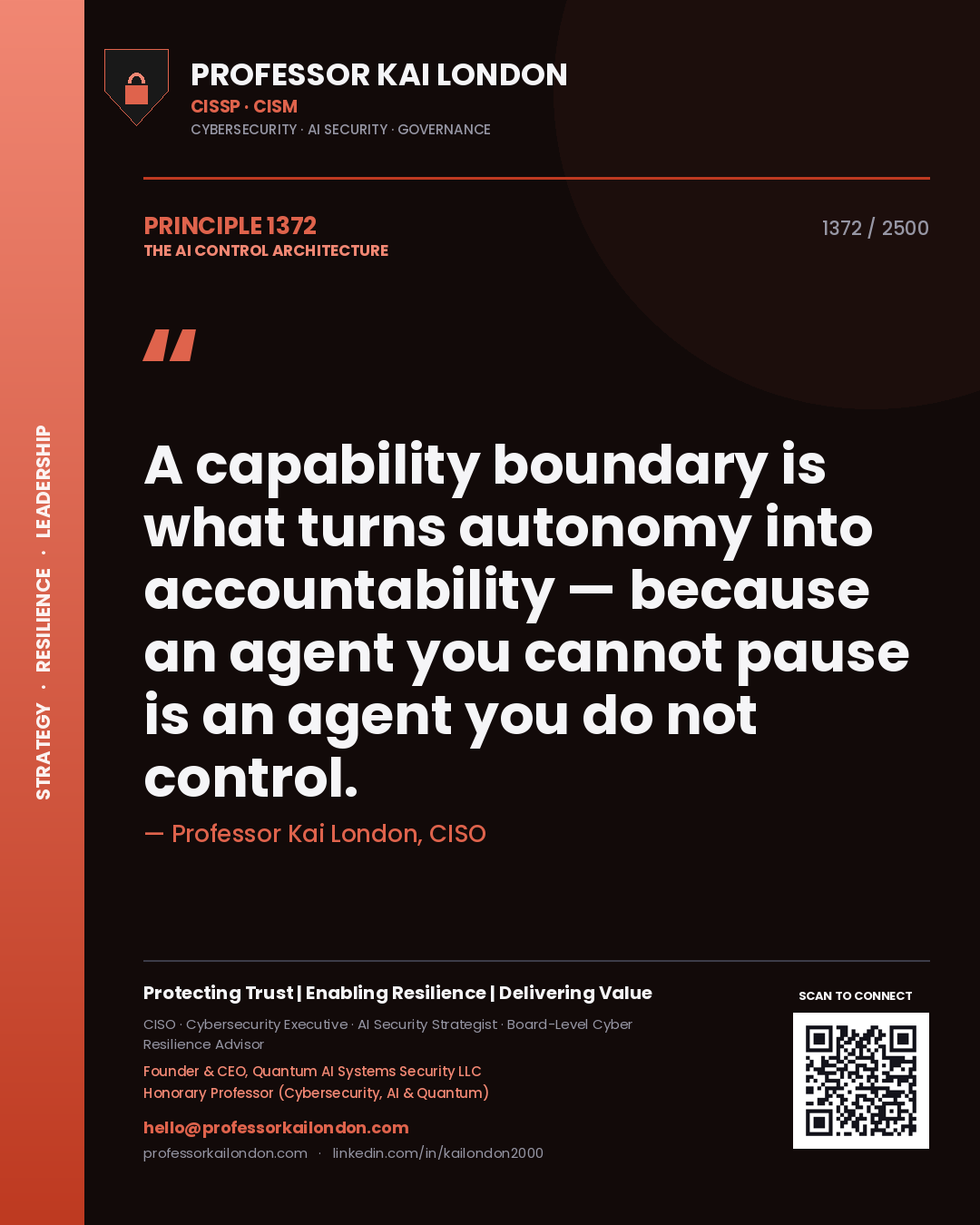 Quote card by Professor Kai London reading 'A capability boundary is what turns autonomy into accountability — because an agent you cannot pause is an agent you do not control.'. From the book The AI Control Architecture.
