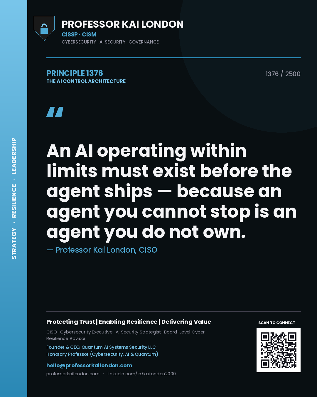 Professor Kai London principle 1376: An AI operating within limits must exist before the agent ships — because an agent you cannot stop is an agent you do not own.