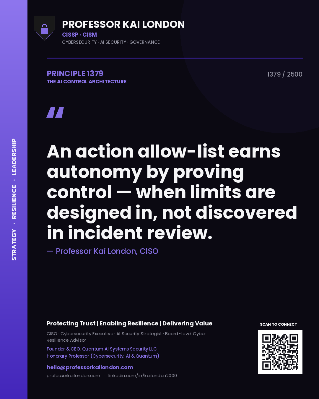 Professor Kai London principle 1379: An action allow-list earns autonomy by proving control — when limits are designed in, not discovered in incident review.