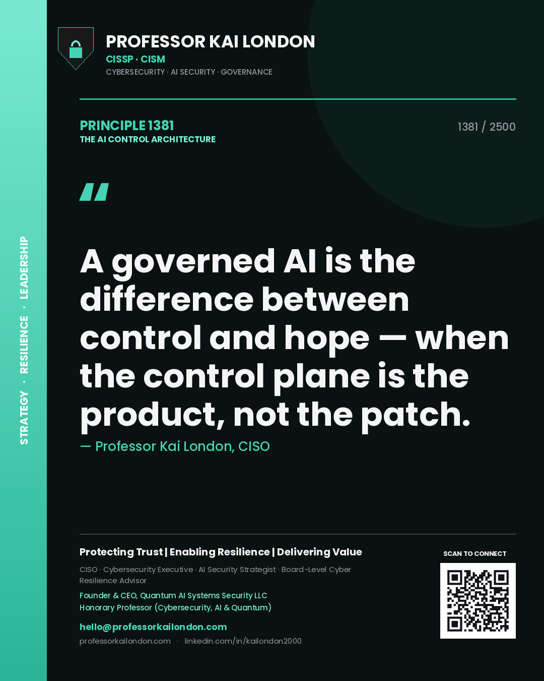 Professor Kai London principle 1381: A governed AI is the difference between control and hope — when the control plane is the product, not the patch.