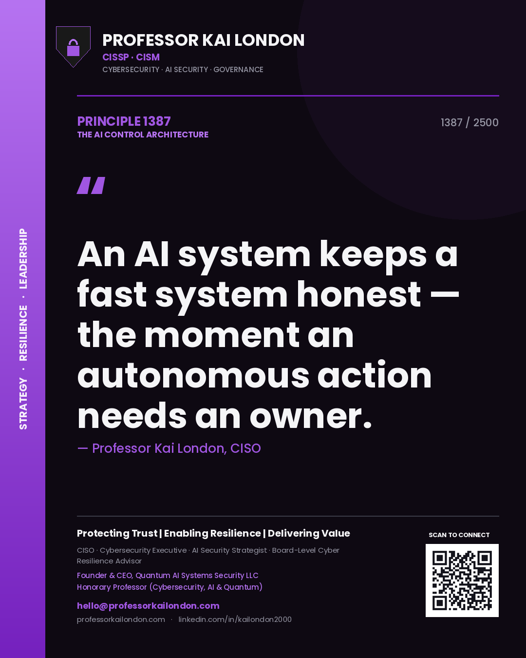 Professor Kai London principle 1387: An AI system keeps a fast system honest — the moment an autonomous action needs an owner.