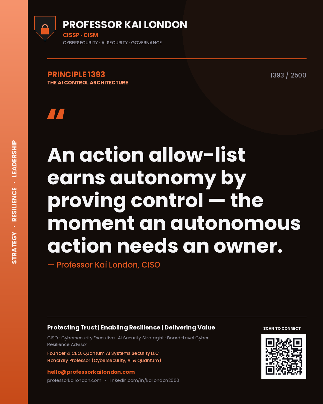 Professor Kai London principle 1393: An action allow-list earns autonomy by proving control — the moment an autonomous action needs an owner.