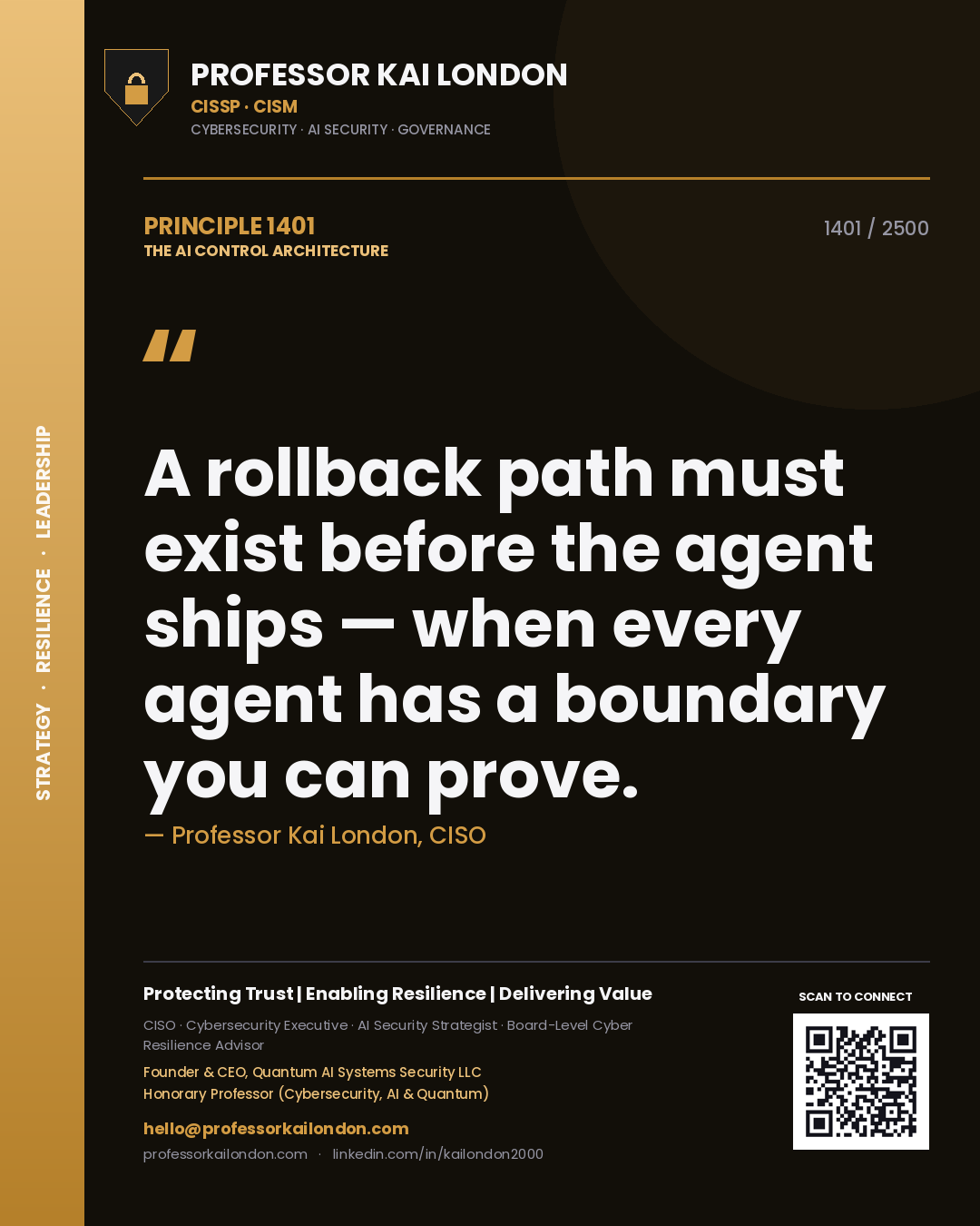 Professor Kai London principle 1401: A rollback path must exist before the agent ships — when every agent has a boundary you can prove.