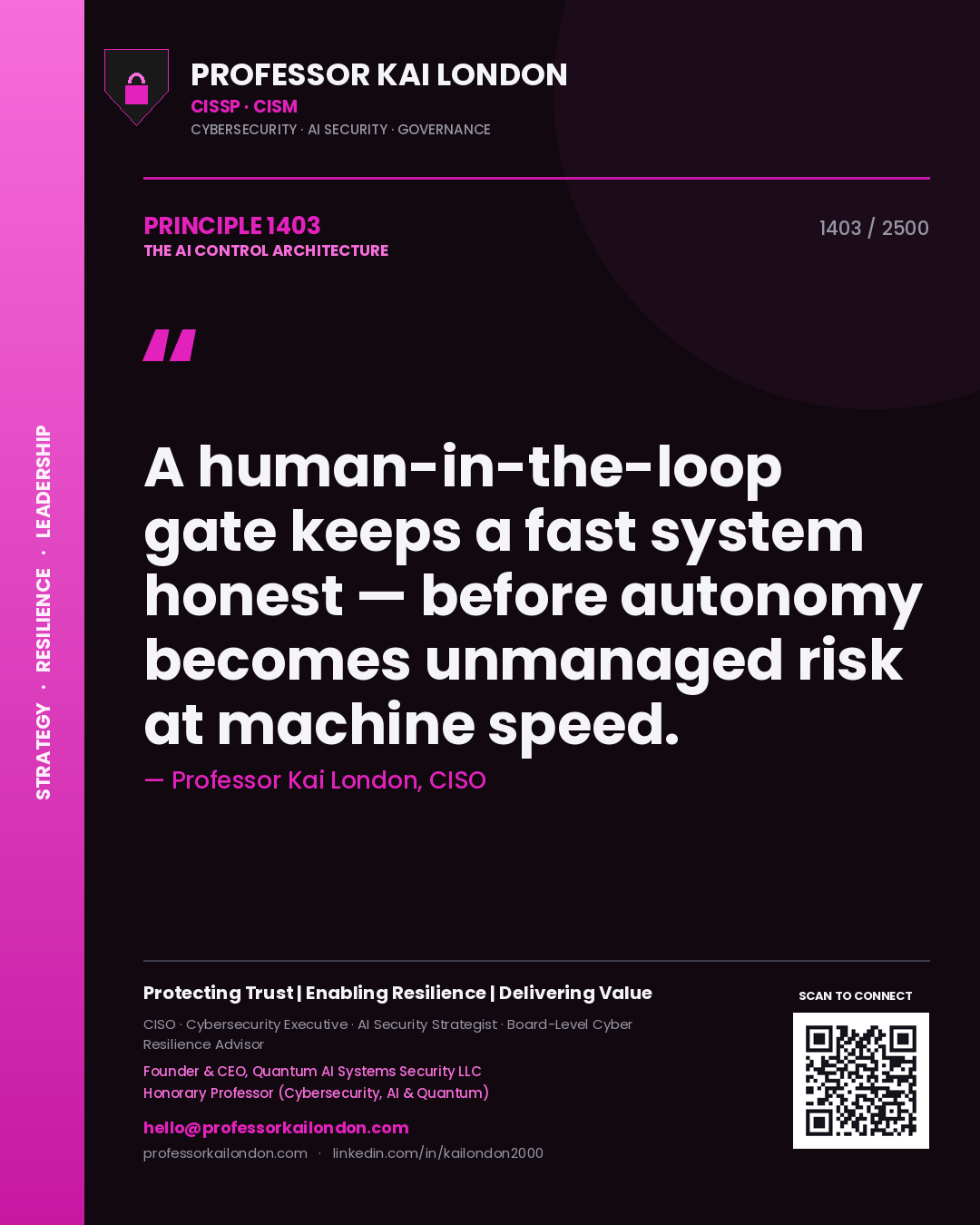Professor Kai London principle 1403: A human-in-the-loop gate keeps a fast system honest — before autonomy becomes unmanaged risk at machine speed.
