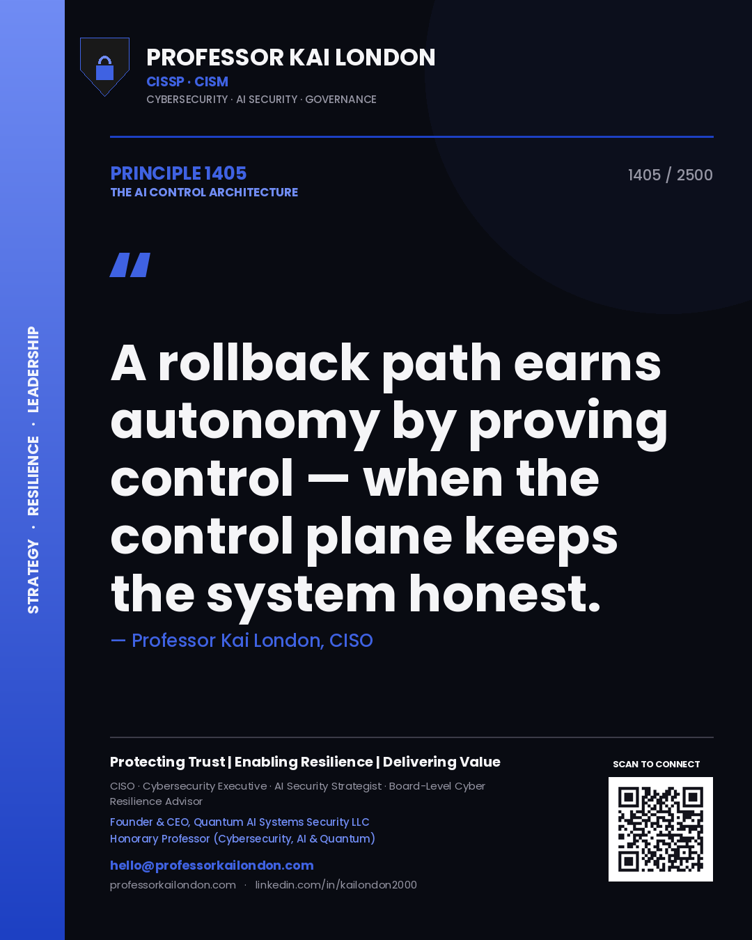 Professor Kai London principle 1405: A rollback path earns autonomy by proving control — when the control plane keeps the system honest.