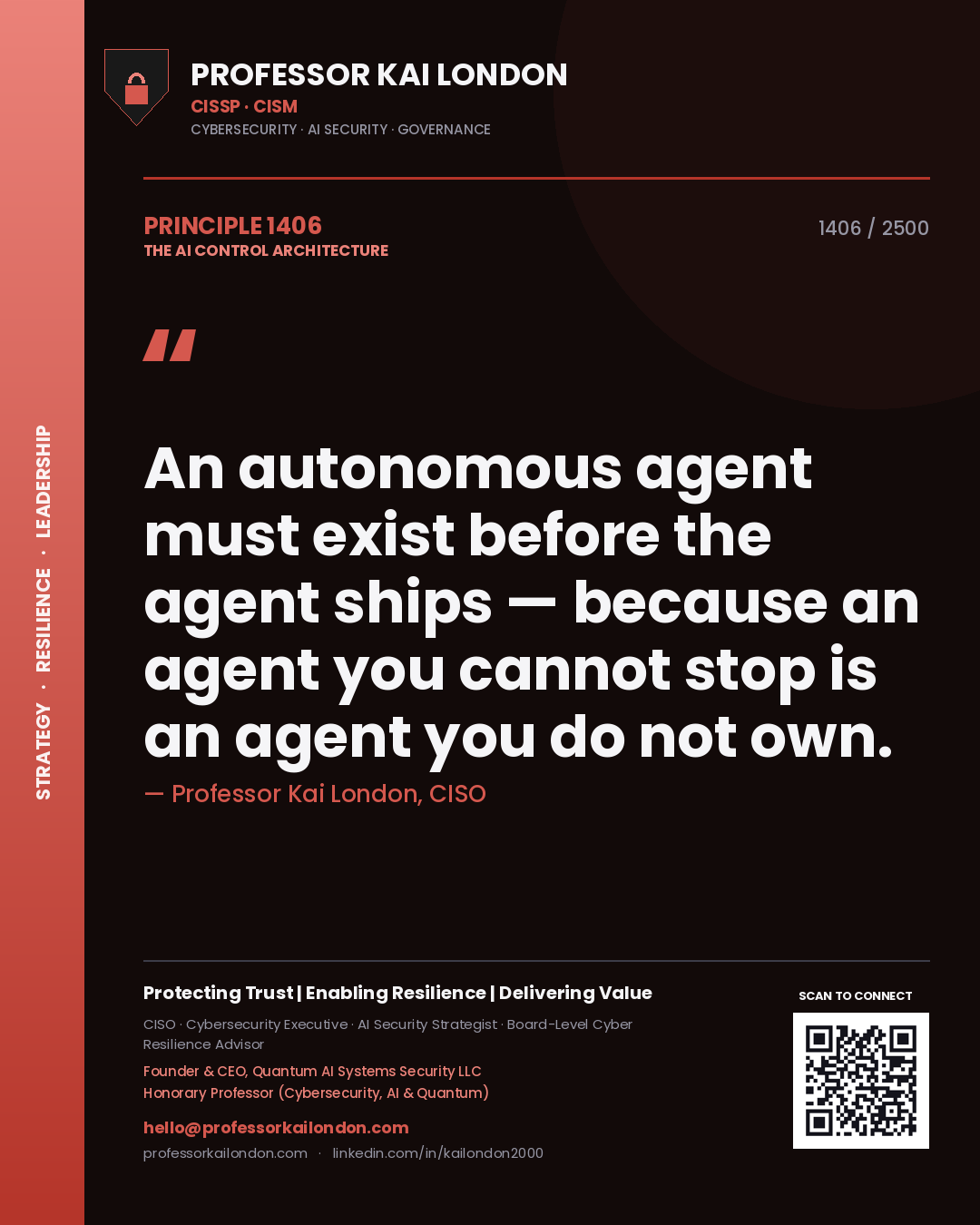 Quote card by Professor Kai London reading 'An autonomous agent must exist before the agent ships — because an agent you cannot stop is an agent you do not own.'. From the book The AI Control Architecture.