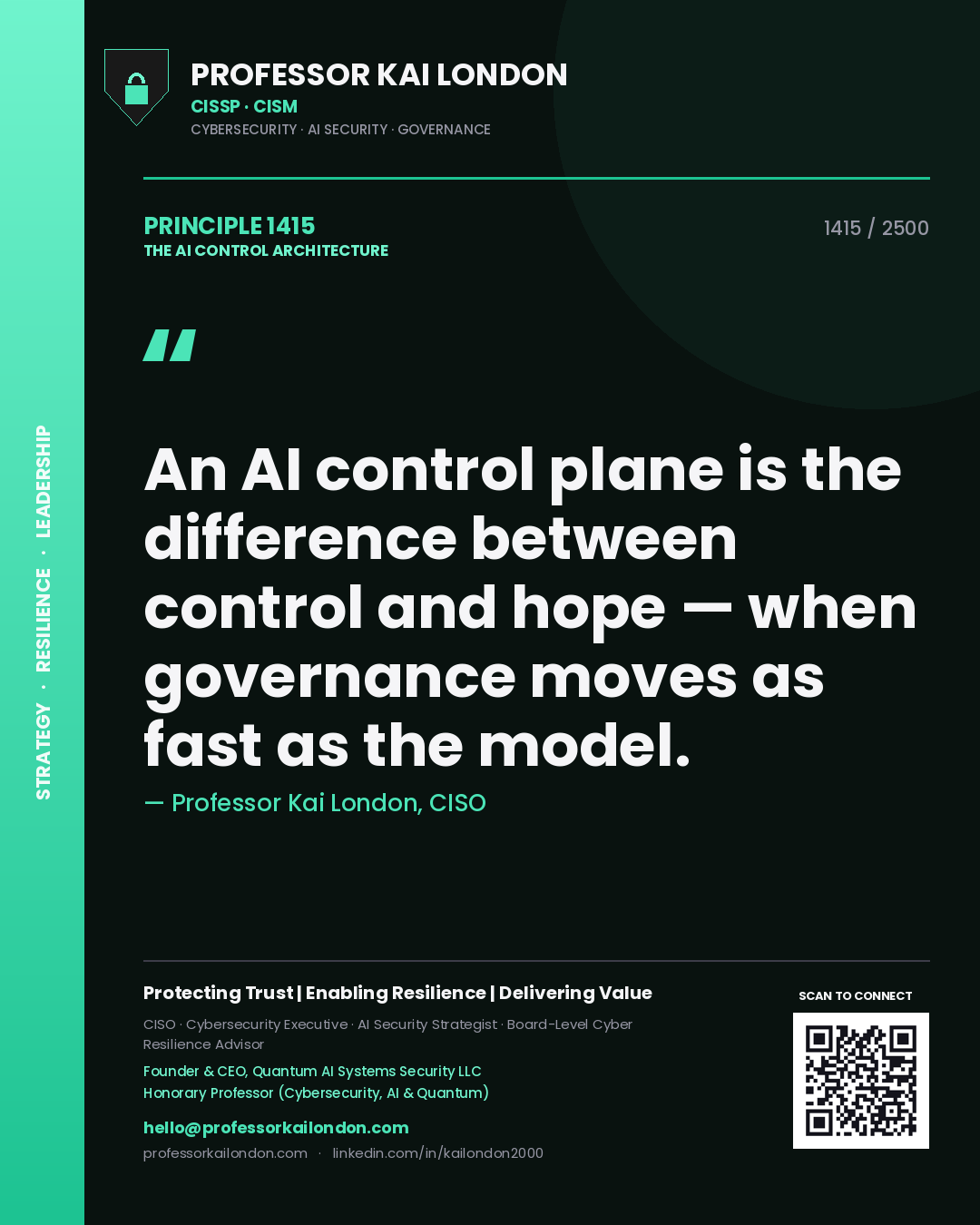 Quote card by Professor Kai London reading 'An AI control plane is the difference between control and hope — when governance moves as fast as the model.'. From the book The AI Control Architecture.