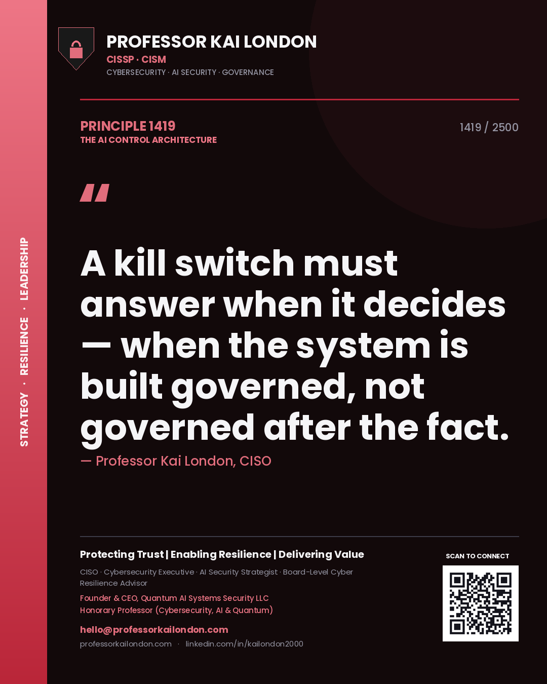 Quote card by Professor Kai London reading 'A kill switch must answer when it decides — when the system is built governed, not governed after the fact.'. From the book The AI Control Architecture.