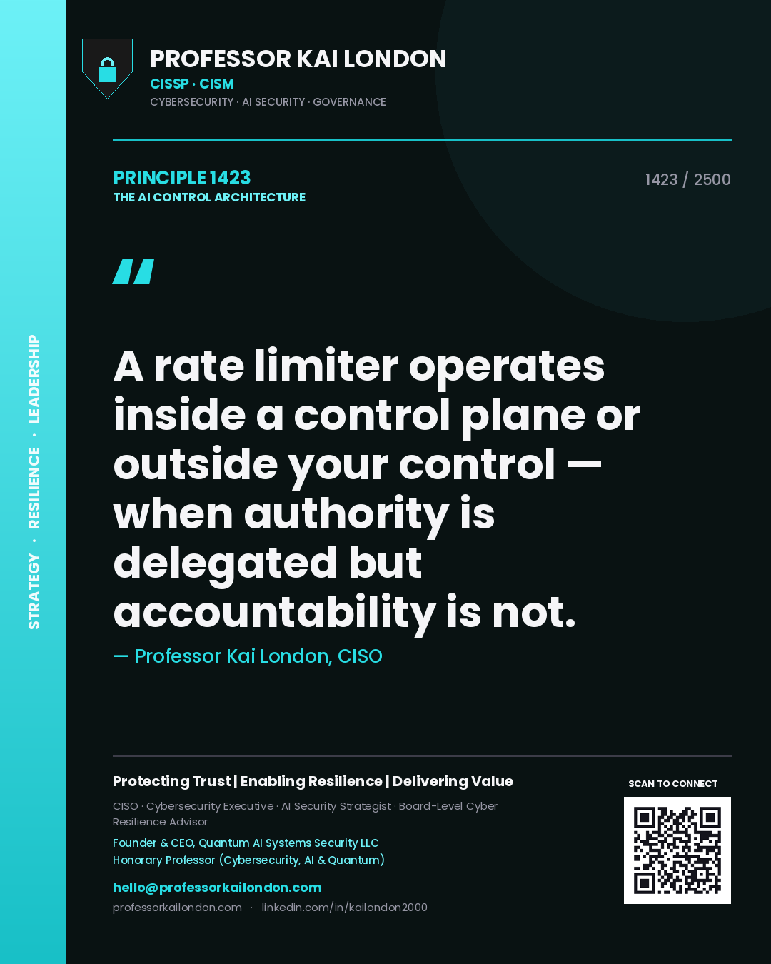 Professor Kai London principle 1423: A rate limiter operates inside a control plane or outside your control — when authority is delegated but accountability is not.