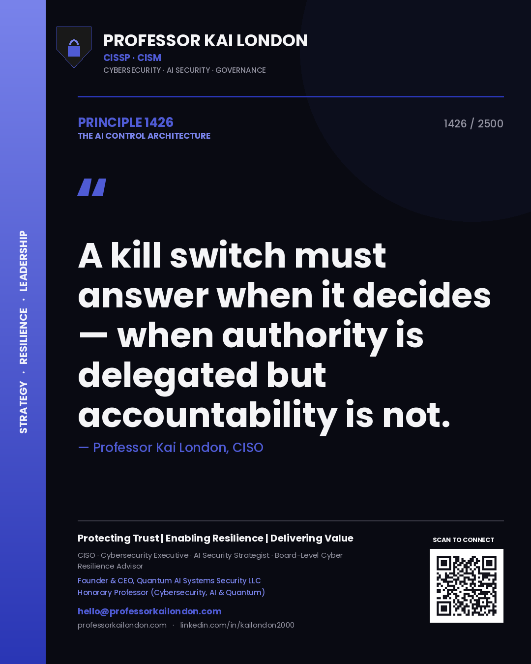 Professor Kai London principle 1426: A kill switch must answer when it decides — when authority is delegated but accountability is not.