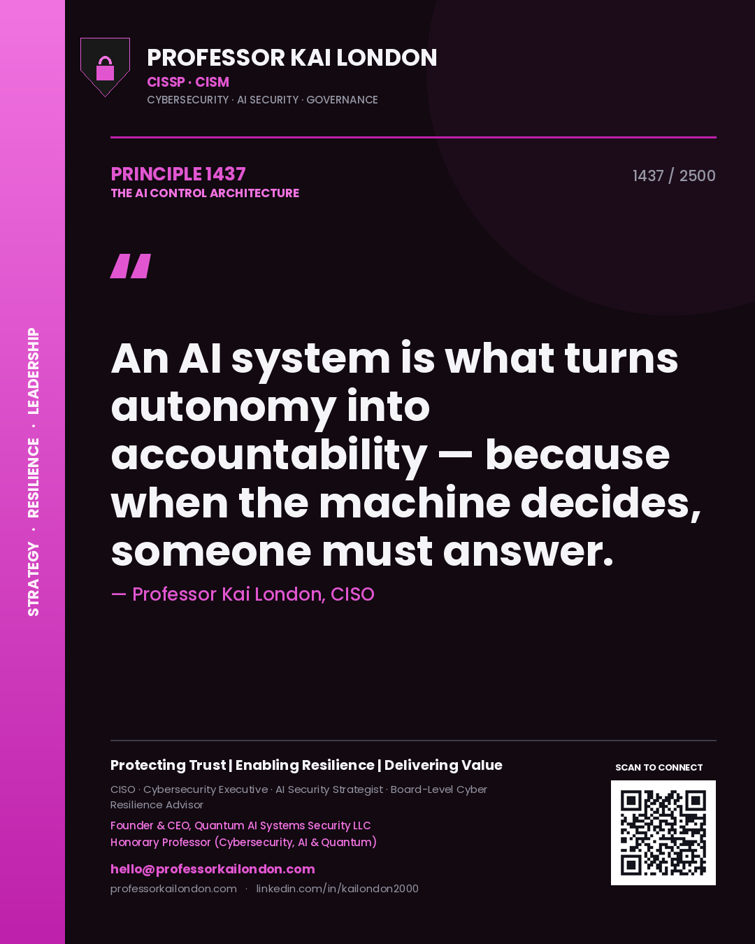 Quote card by Professor Kai London reading 'An AI system is what turns autonomy into accountability — because when the machine decides, someone must answer.'. From the book The AI Control Architecture.