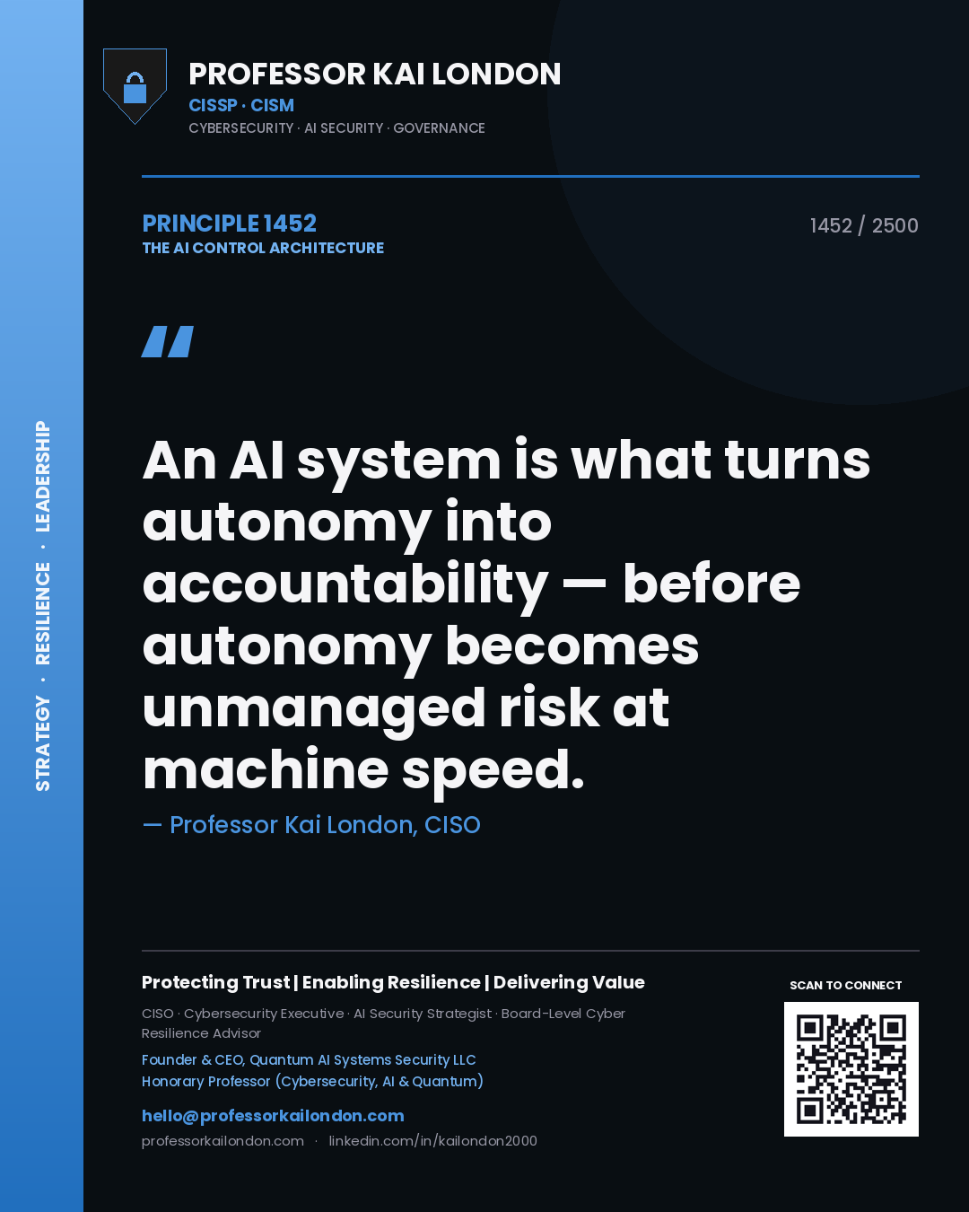 Professor Kai London principle 1452: An AI system is what turns autonomy into accountability — before autonomy becomes unmanaged risk at machine speed.