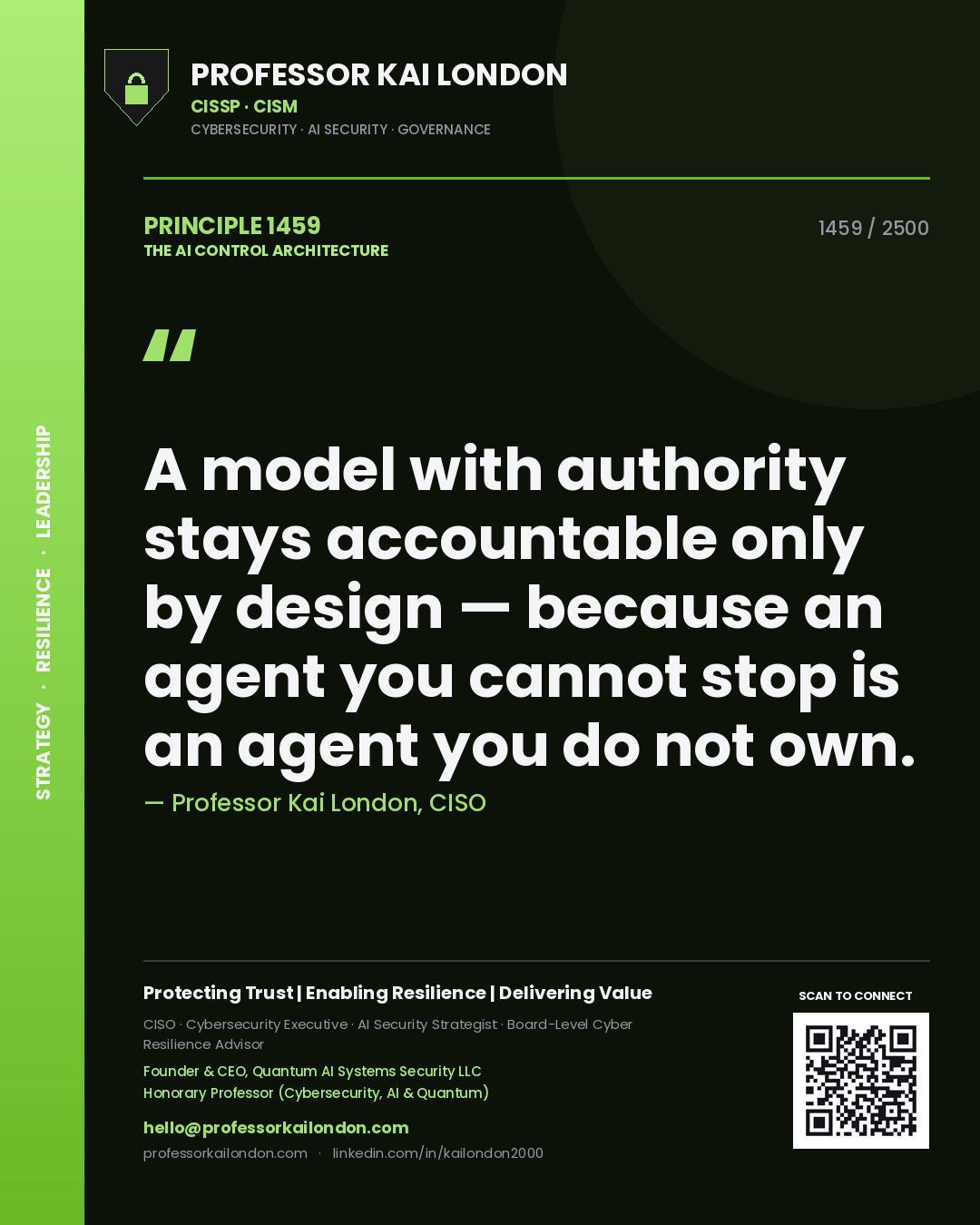 Professor Kai London principle 1459: A model with authority stays accountable only by design — because an agent you cannot stop is an agent you do not own.