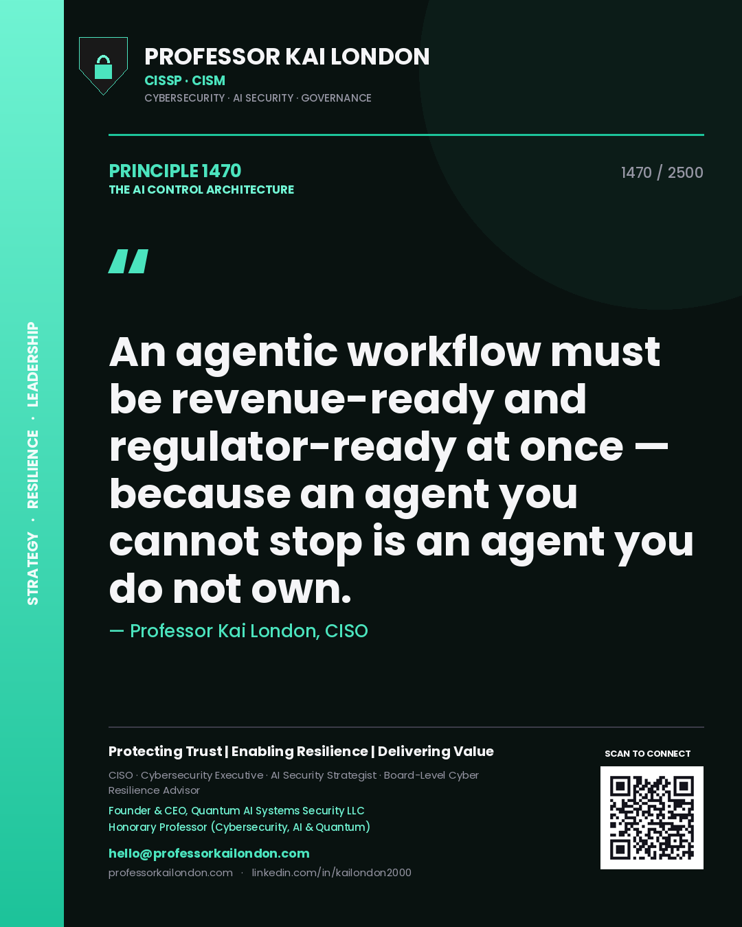 Quote card by Professor Kai London reading 'An agentic workflow must be revenue-ready and regulator-ready at once — because an agent you cannot stop is an agent you do not own.'. From the book The AI Control Architecture.