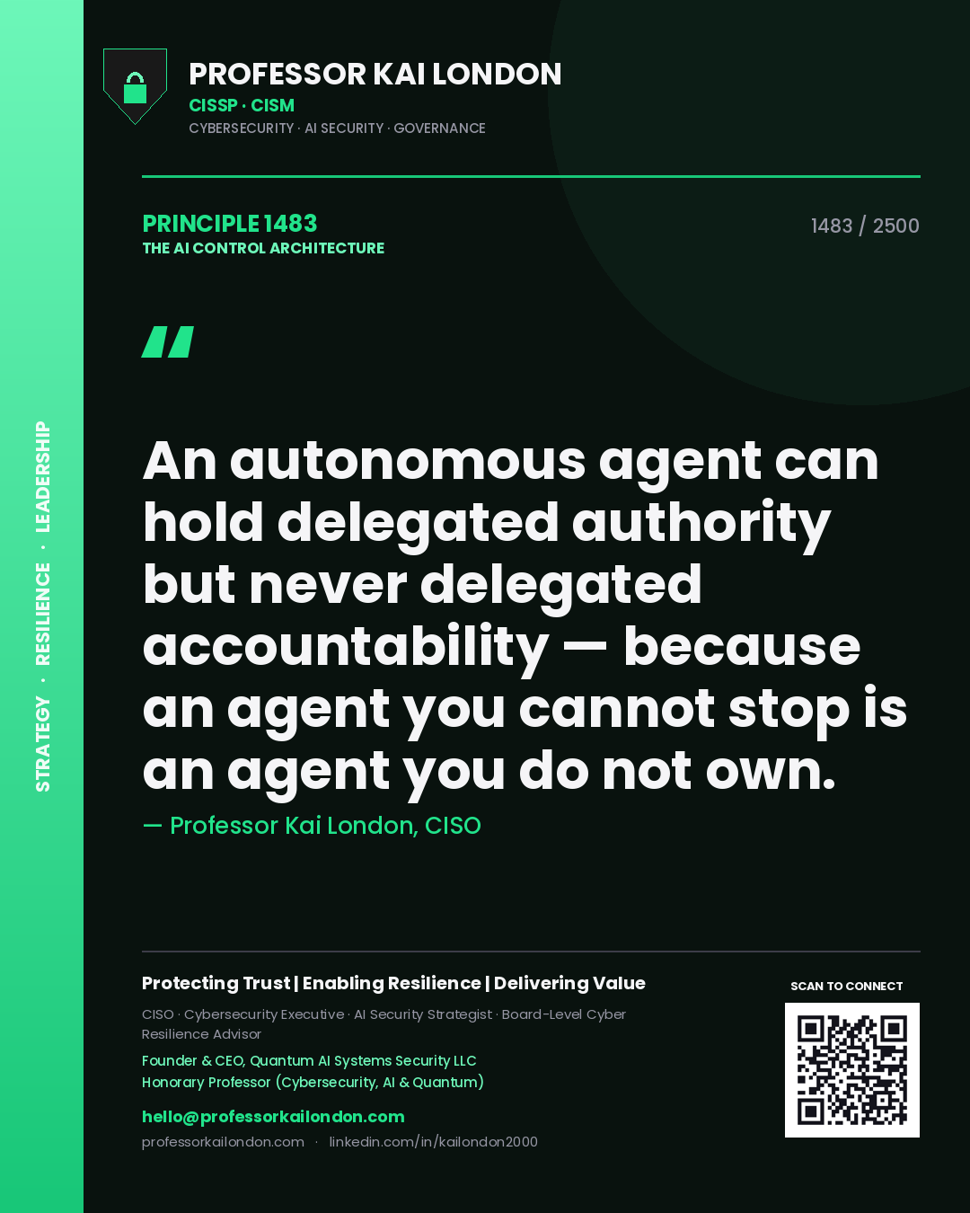 Professor Kai London principle 1483: An autonomous agent can hold delegated authority but never delegated accountability — because an agent you cannot stop is an agent you do not own.