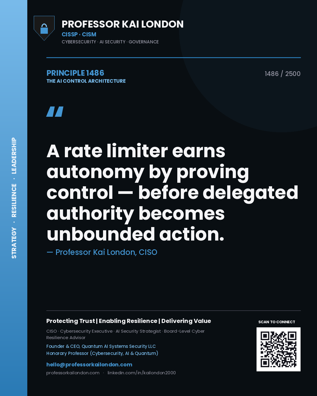 Professor Kai London principle 1486: A rate limiter earns autonomy by proving control — before delegated authority becomes unbounded action.