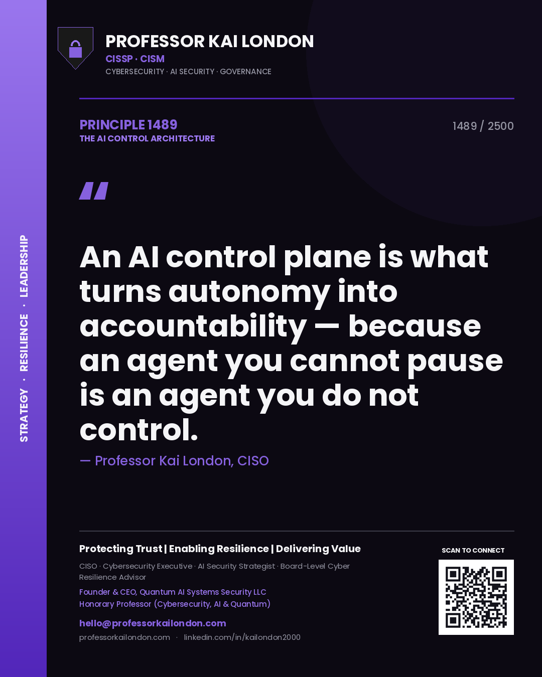 Quote card by Professor Kai London reading 'An AI control plane is what turns autonomy into accountability — because an agent you cannot pause is an agent you do not control.'. From the book The AI Control Architecture.