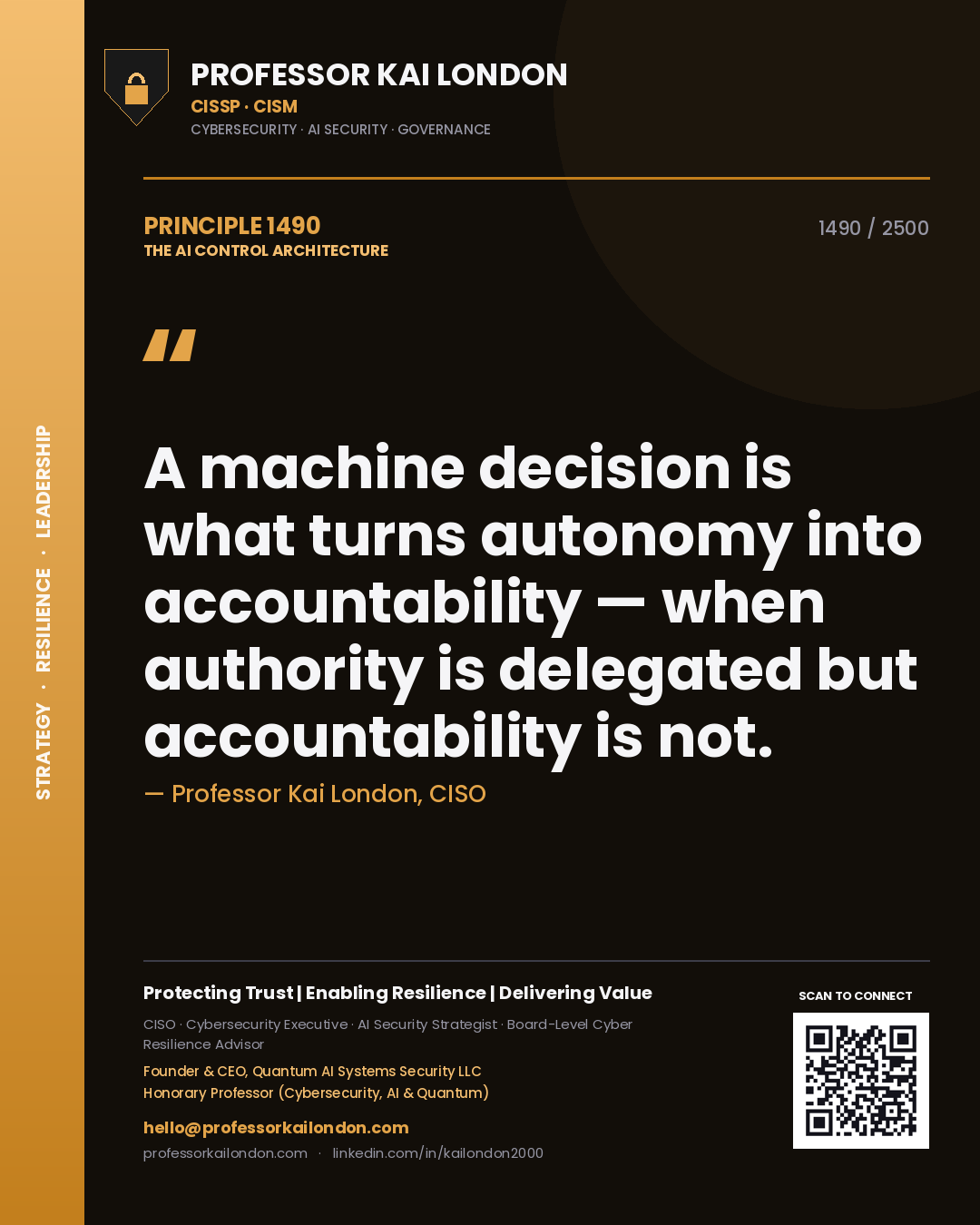 Quote card by Professor Kai London reading 'A machine decision is what turns autonomy into accountability — when authority is delegated but accountability is not.'. From the book The AI Control Architecture.