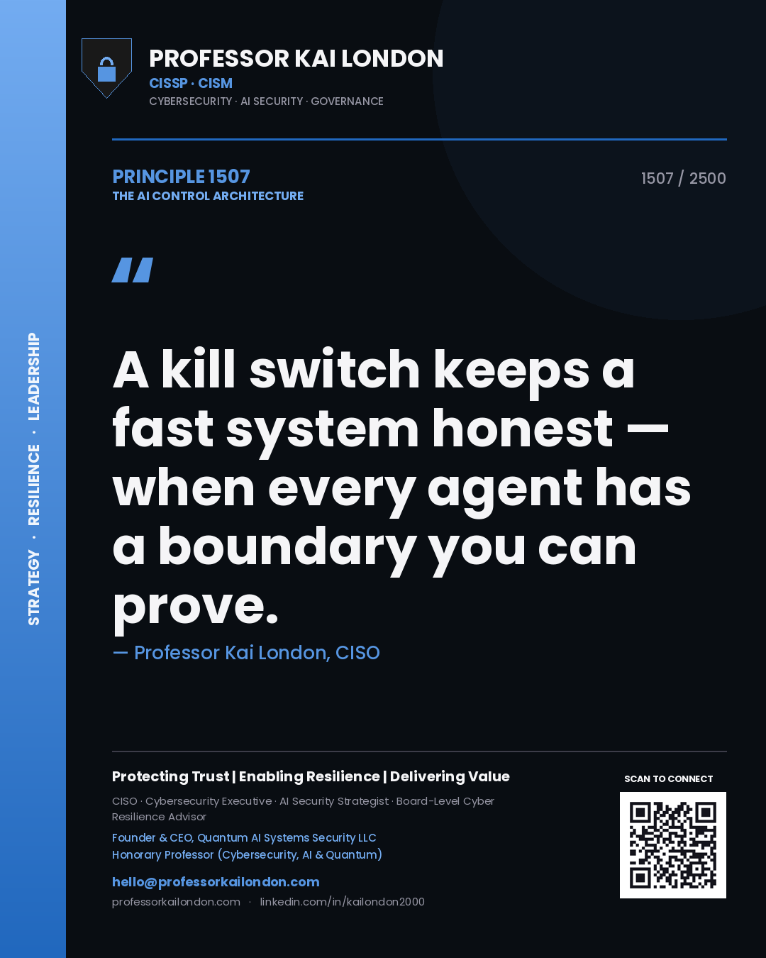 Professor Kai London principle 1507: A kill switch keeps a fast system honest — when every agent has a boundary you can prove.