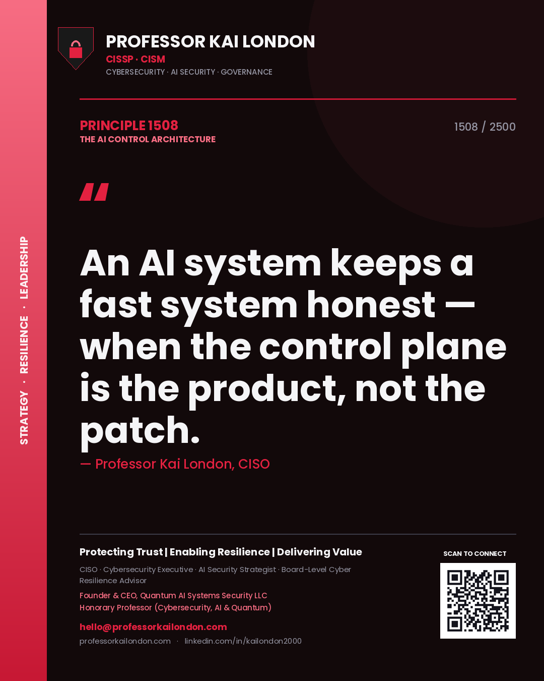 Quote card by Professor Kai London reading 'An AI system keeps a fast system honest — when the control plane is the product, not the patch.'. From the book The AI Control Architecture.