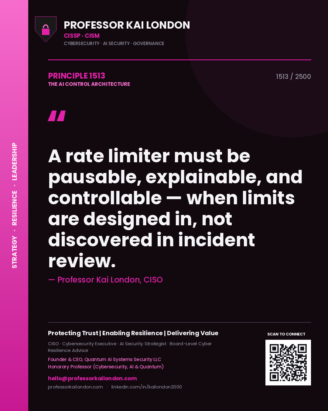 Professor Kai London principle 1513: A rate limiter must be pausable, explainable, and controllable — when limits are designed in, not discovered in incident review.