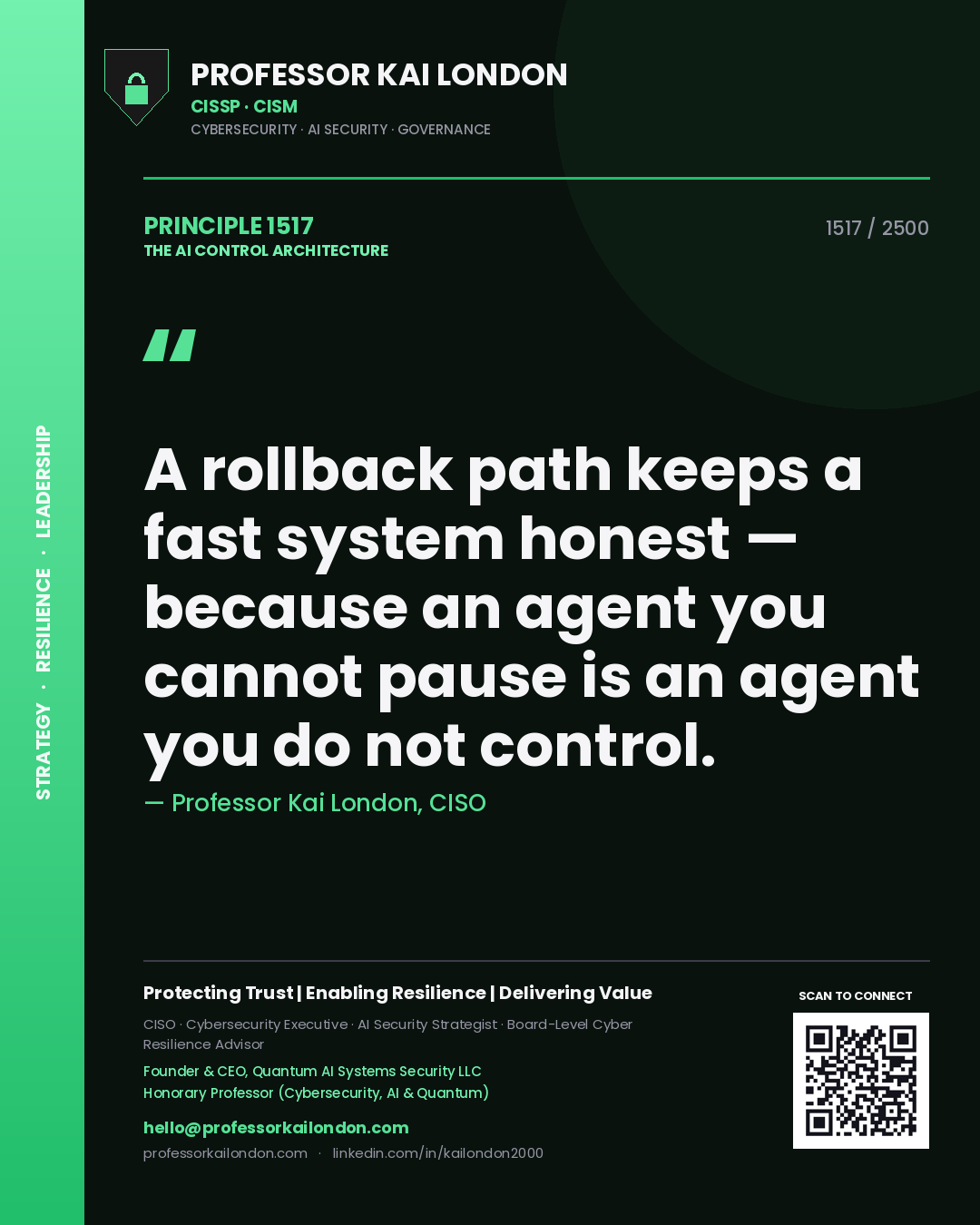 Quote card by Professor Kai London reading 'A rollback path keeps a fast system honest — because an agent you cannot pause is an agent you do not control.'. From the book The AI Control Architecture.