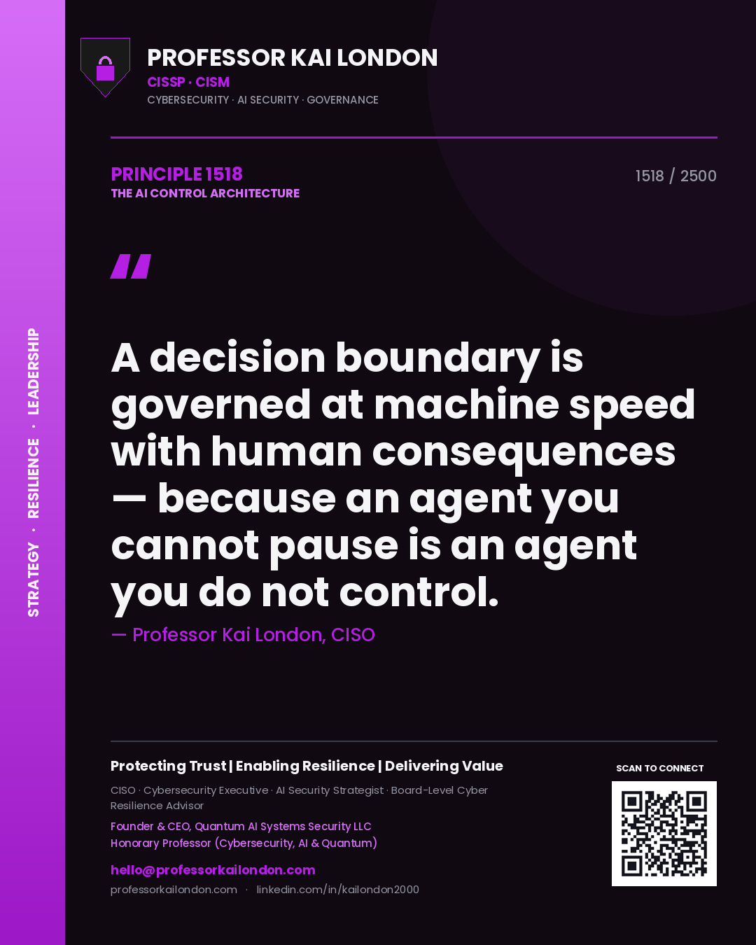 Quote card by Professor Kai London reading 'A decision boundary is governed at machine speed with human consequences — because an agent you cannot pause is an agent you do not control.'. From the book The AI Control Architecture.
