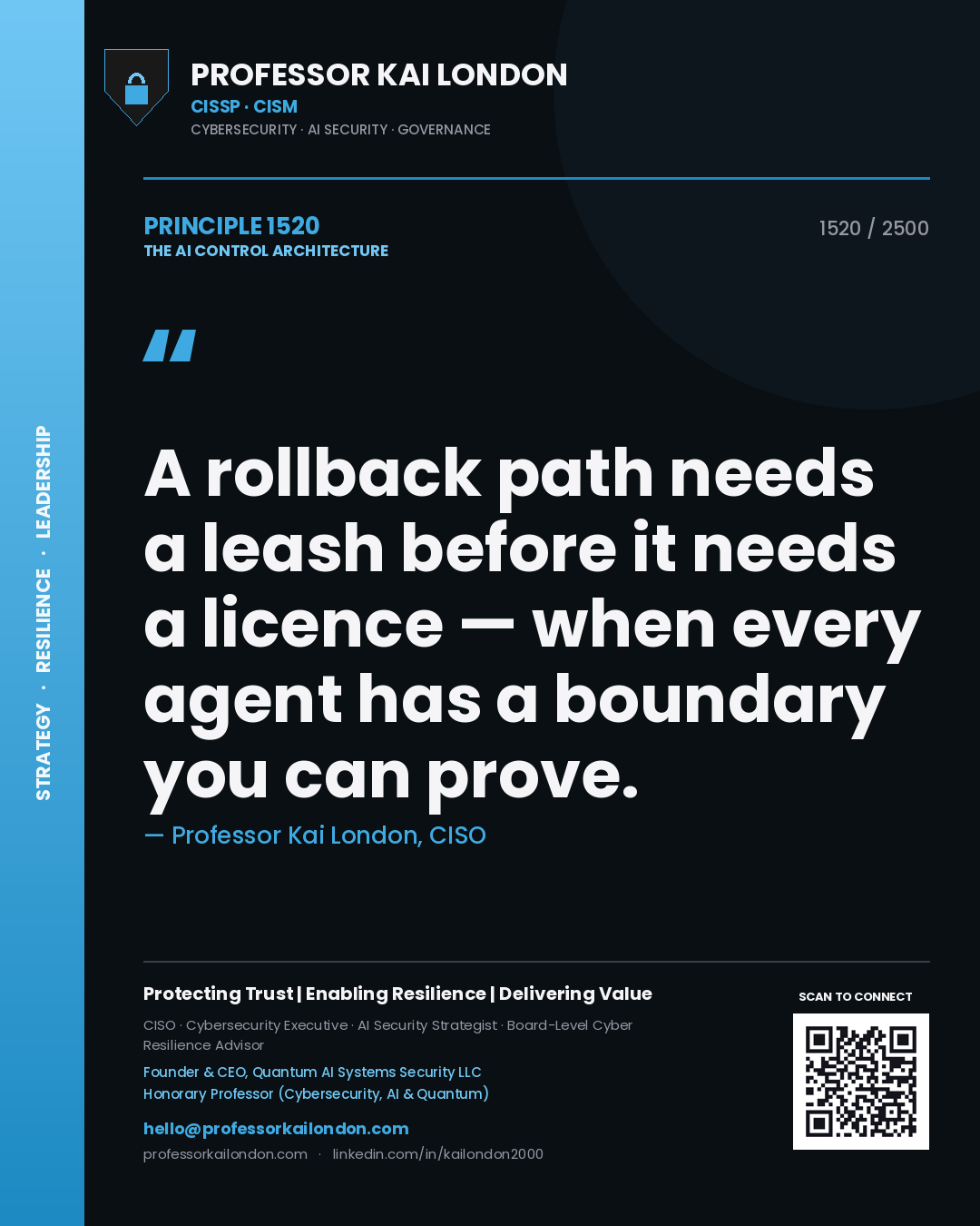 Quote card by Professor Kai London reading 'A rollback path needs a leash before it needs a licence — when every agent has a boundary you can prove.'. From the book The AI Control Architecture.