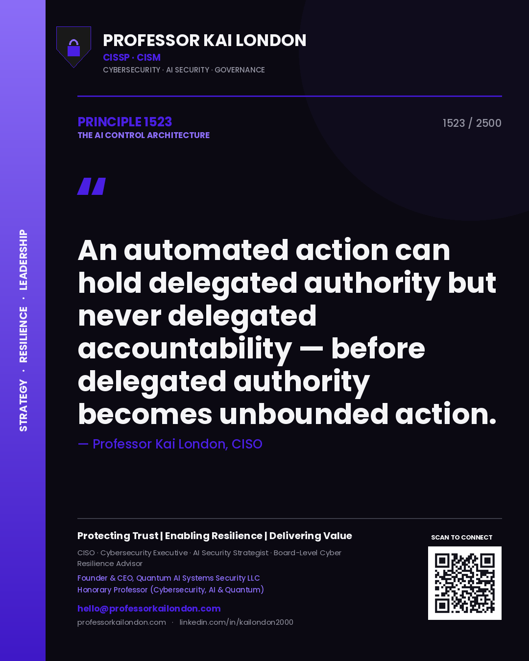 Professor Kai London principle 1523: An automated action can hold delegated authority but never delegated accountability — before delegated authority becomes unbounded action.