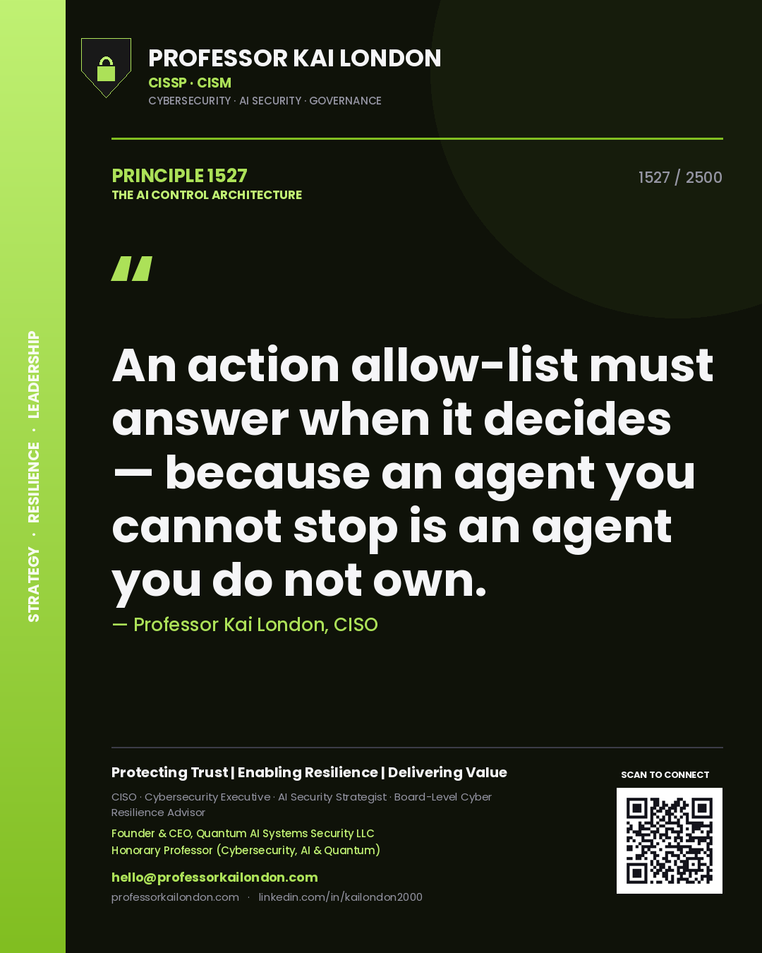 Quote card by Professor Kai London reading 'An action allow-list must answer when it decides — because an agent you cannot stop is an agent you do not own.'. From the book The AI Control Architecture.